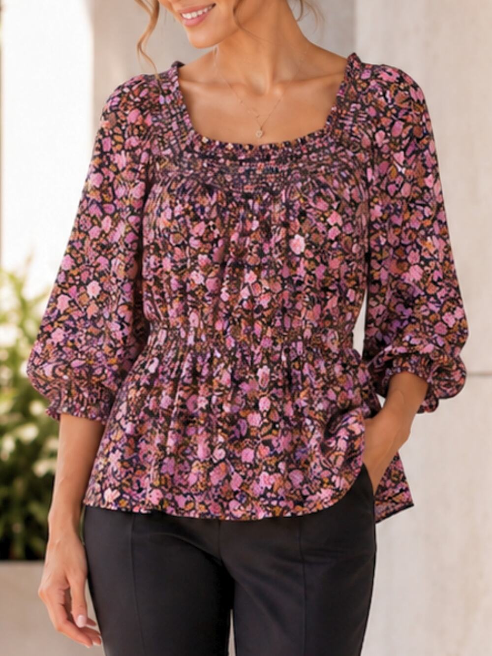 Old Navy Black Floral Smocked Peasant Top L | Cottagecore Puff Sleeve Blouse